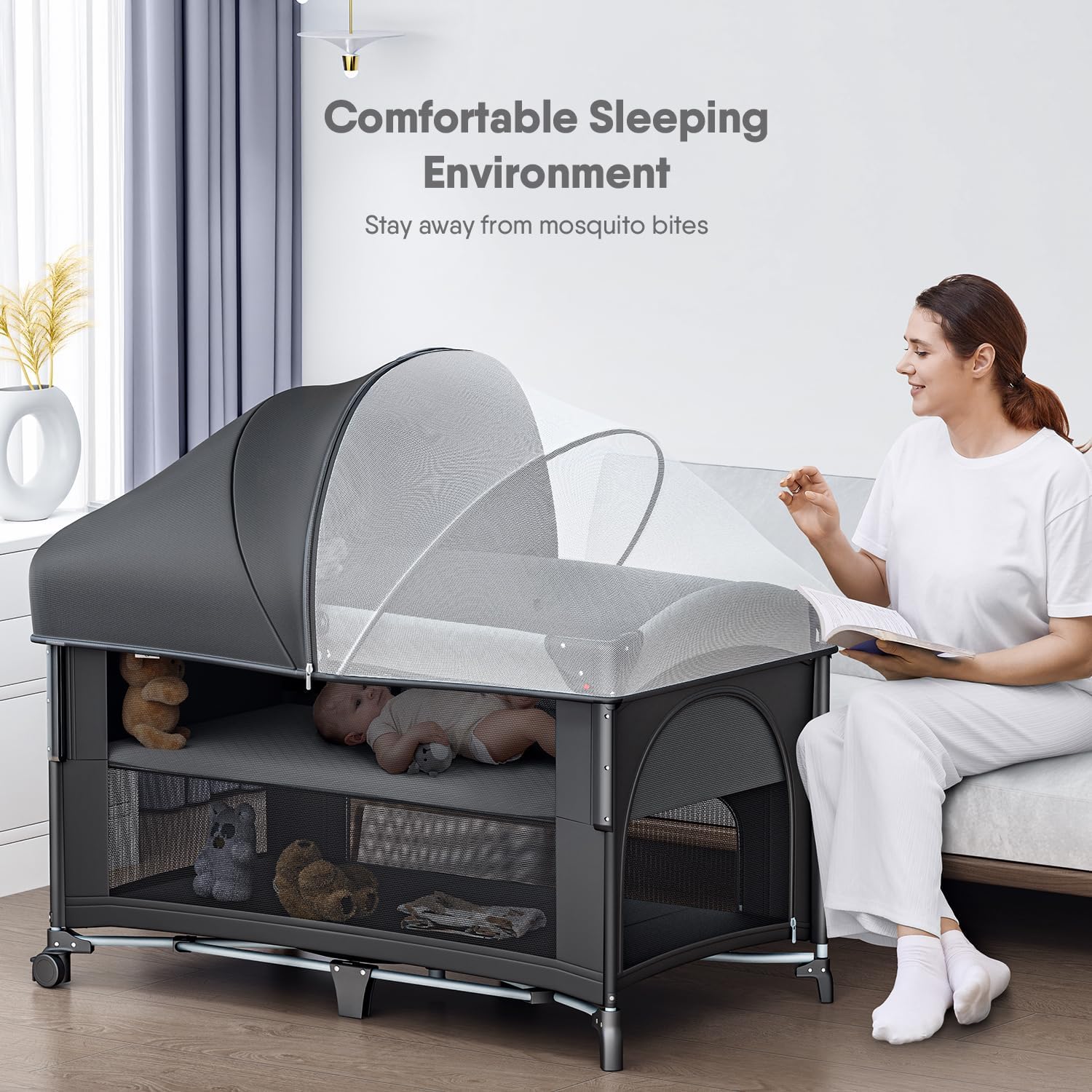 4 in 1 Baby Bassinet, Pack and Play, Bedside Crib Sleeper, Diaper Changer - Comes with Mattress