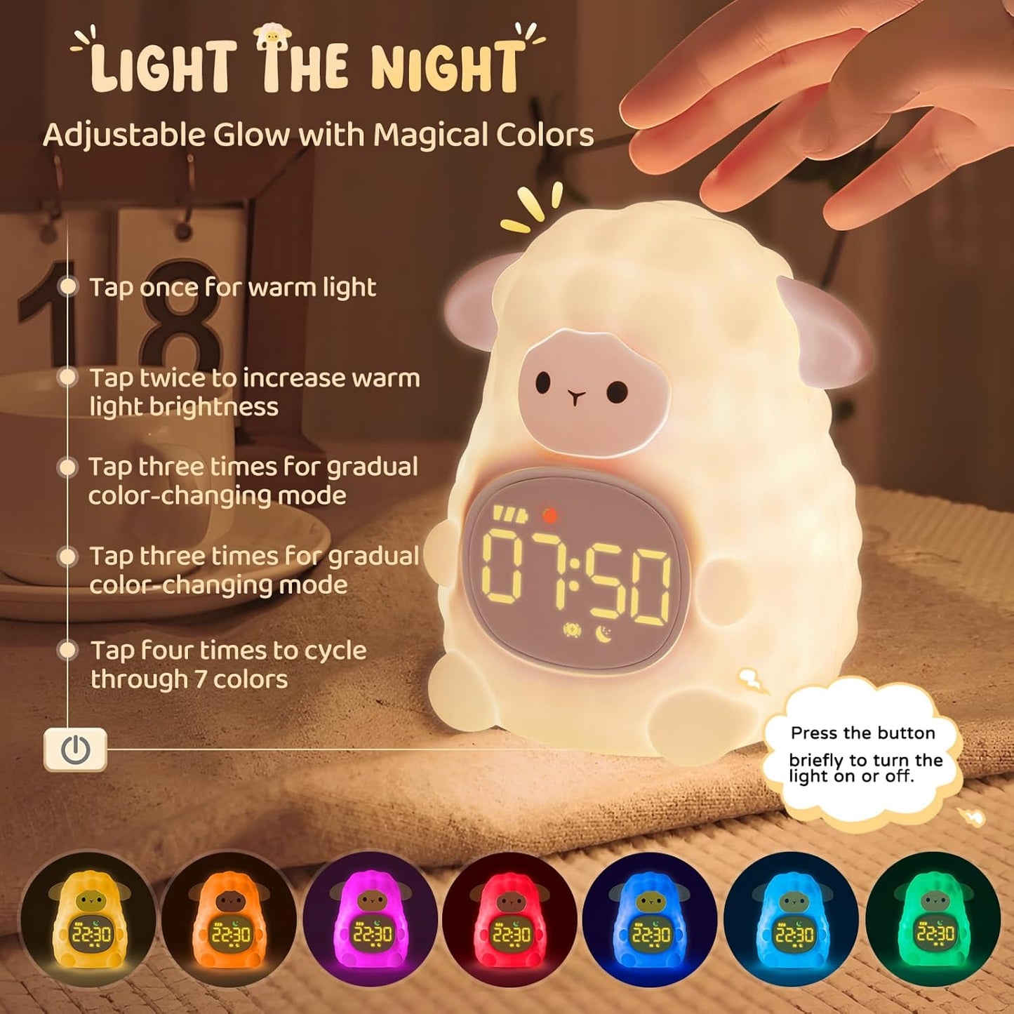 Sheep Alarm Clock with Night Light for Kids with Sleep Training and Sound Machine, Rechargeable