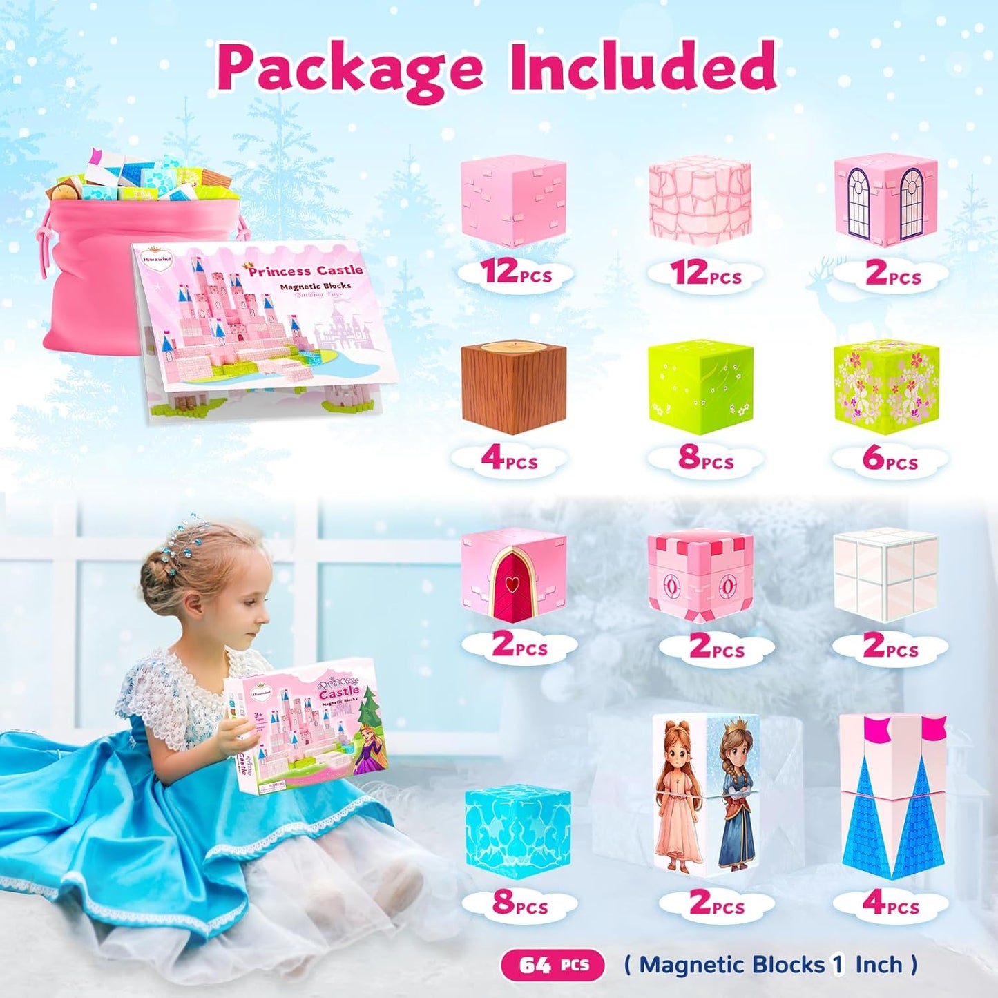 64 Pcs Magnetic Blocks-Princess Castle Collection World,Magnetic Building Blocks for 3+ Year Old