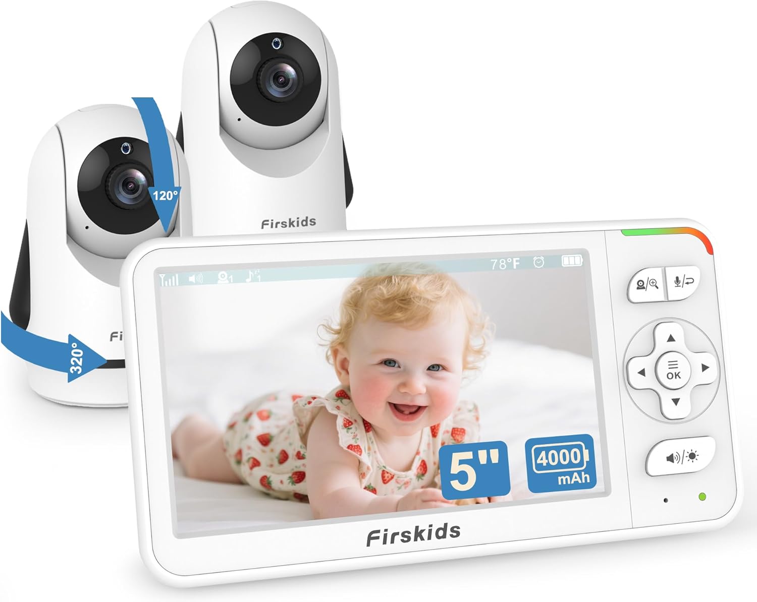 Baby Monitor with 2 Cameras, 5” Video Baby Monitor with Dual Camera and Audio no WiFi, 32-Hour
