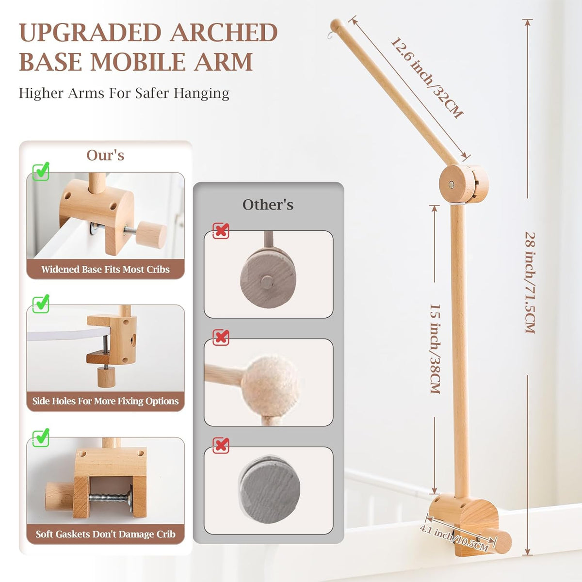 Baby Crib Mobile Arm - Wooden Mobile Arm with Height Adjustable＆360° Rotatable Upgraded Arched Base