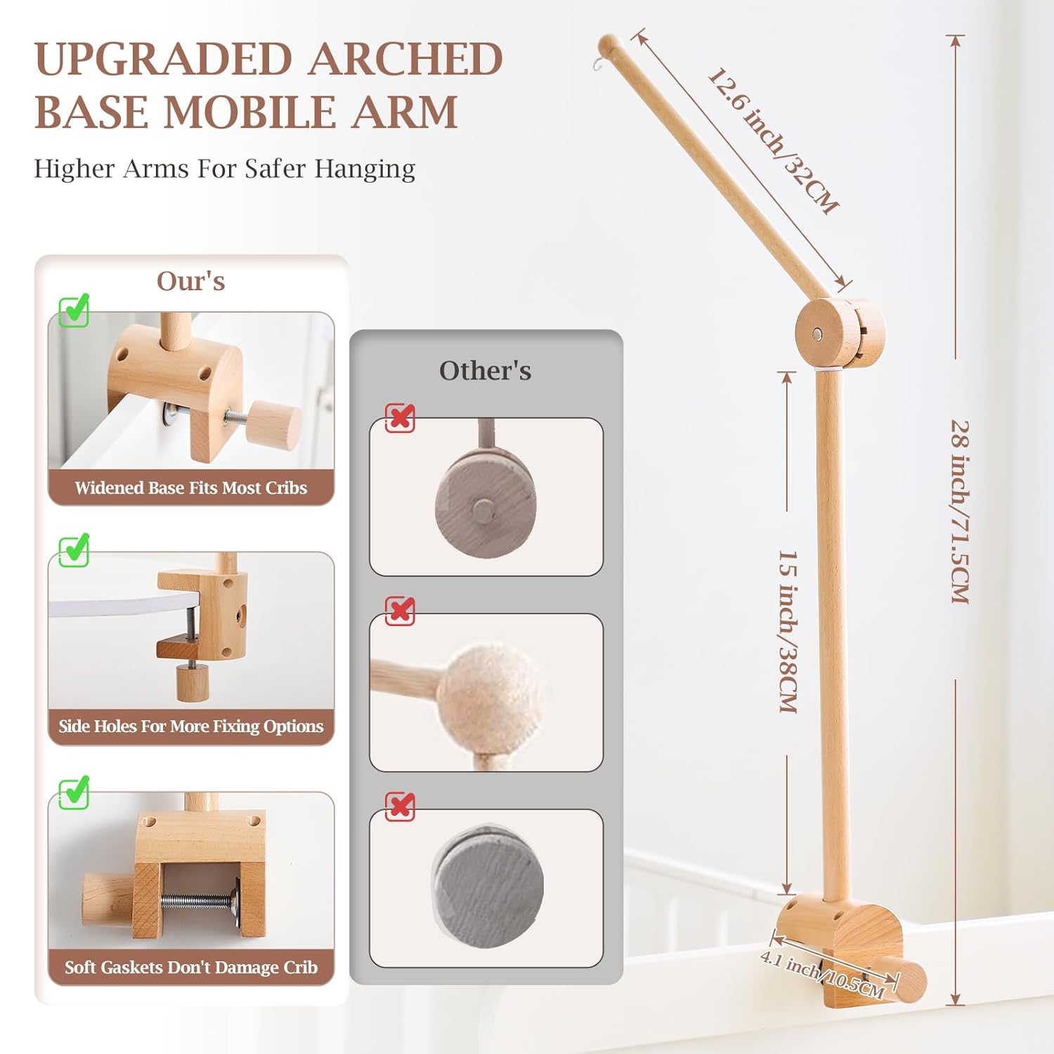 Baby Crib Mobile Arm - Wooden Mobile Arm with Height Adjustable＆360° Rotatable Upgraded Arched Base