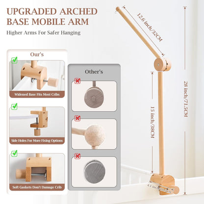 Baby Crib Mobile Arm - Wooden Mobile Arm with Height Adjustable＆360° Rotatable Upgraded Arched Base