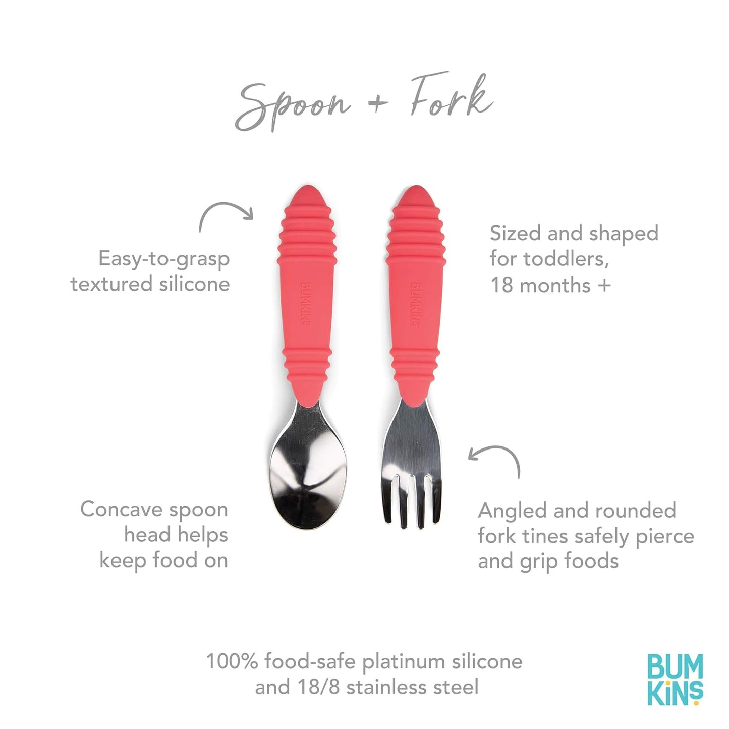 Bumkins Toddler Utensils, Kids Size Fork and Spoon Set, Silicone and Stainless-Steel Training