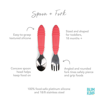 Bumkins Toddler Utensils, Kids Size Fork and Spoon Set, Silicone and Stainless-Steel Training