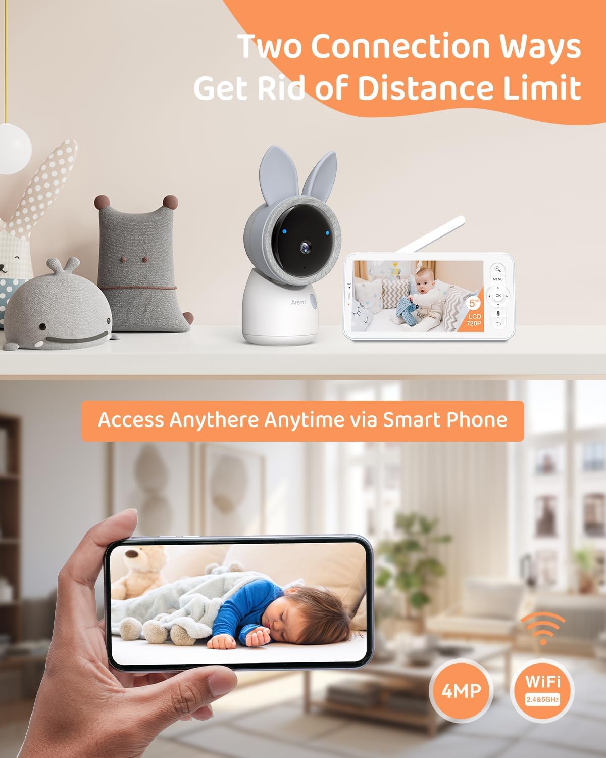 ARENTI 4MP 2.4G&5G WiFi Baby Monitor with 2 Cameras and Audio, Night Light, Auto Traking