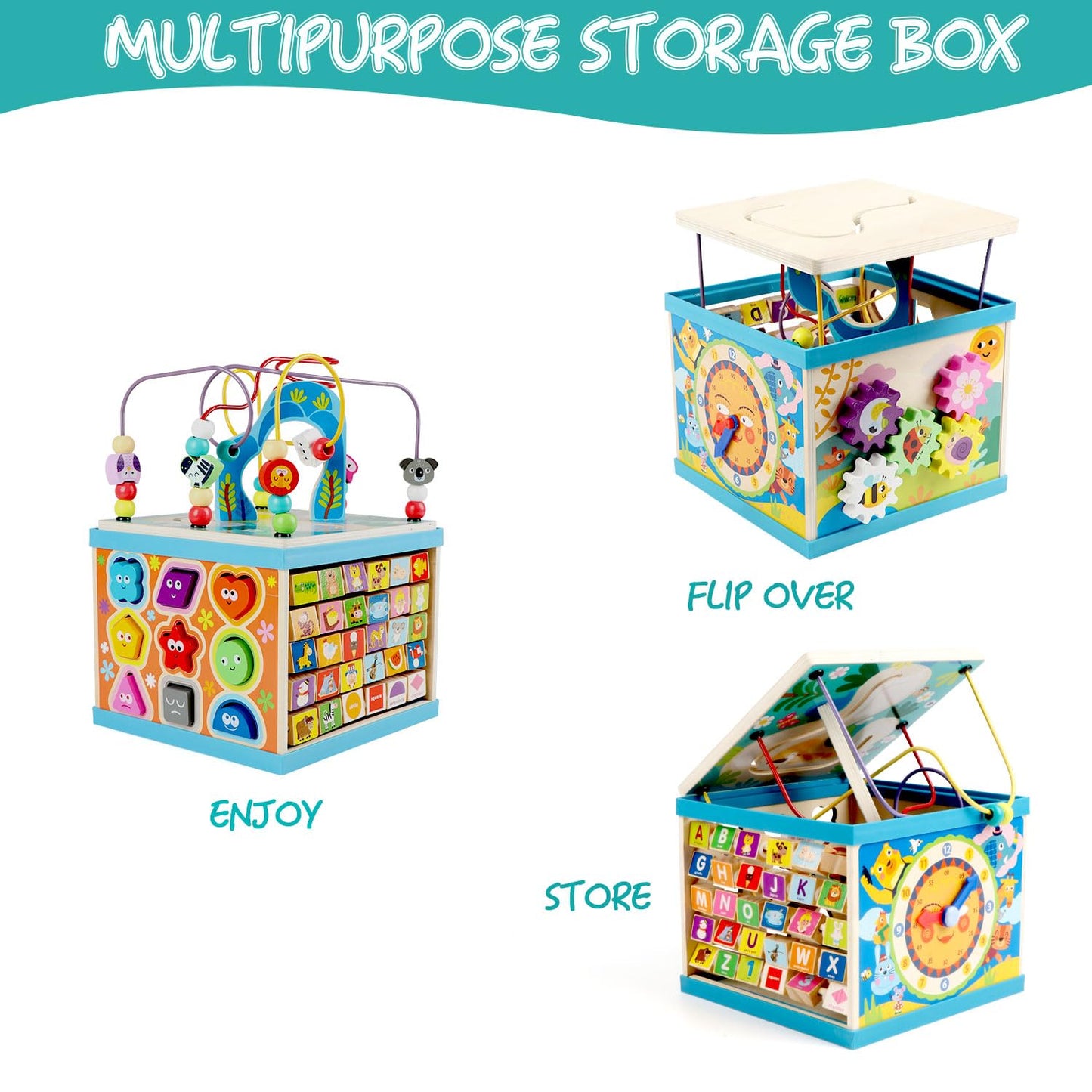 Qilay Wooden Activity Cube for Toddlers, 5 in 1 Multipurpose Abacus Early Educational Montessori