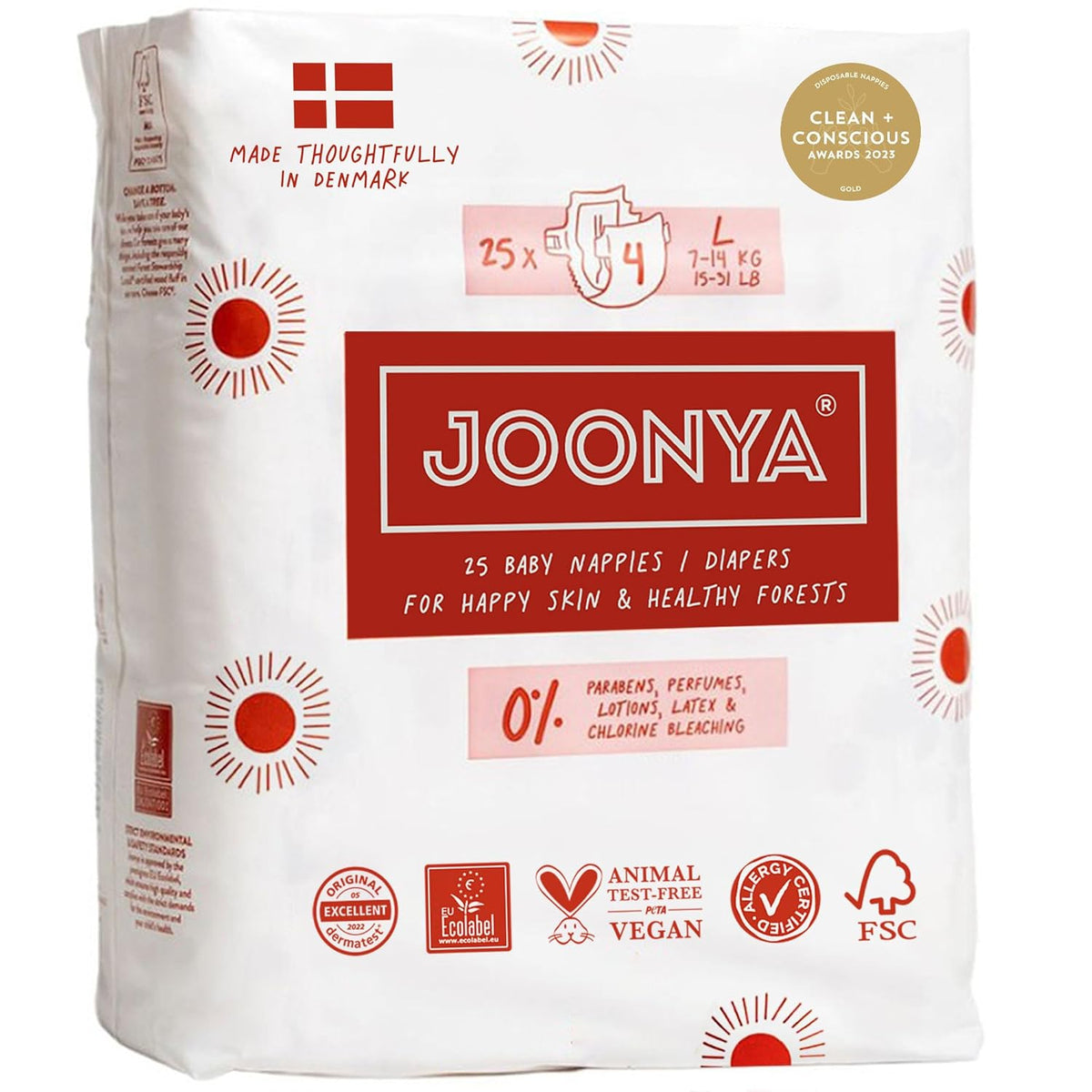 Joonya Baby Diapers, Size 4 L (15-31 lb) - 1 Bag of 25 - New Range - NonToxic, Eco-Friendly, Ultra