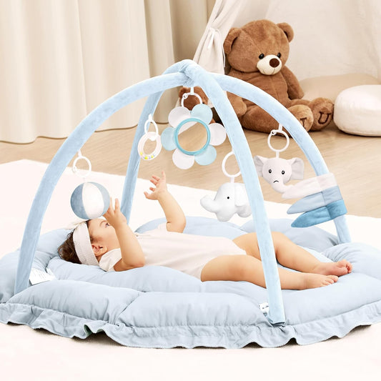 ANGELBLISS 5 in 1 Baby Play Gym Mat, Reversible Tummy Time Mat with 5 Sensory Toys for Stage-Based