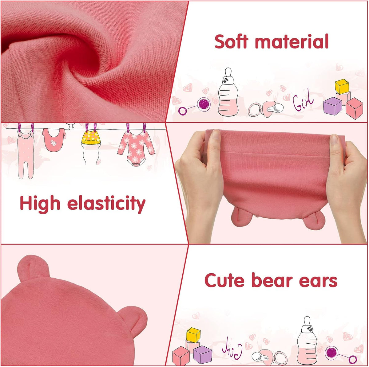Geyoga 6 Pieces Newborn Baby Hat Bear Ears Infant Caps Baby Boy Girl Toddler Hats Infant Beanie