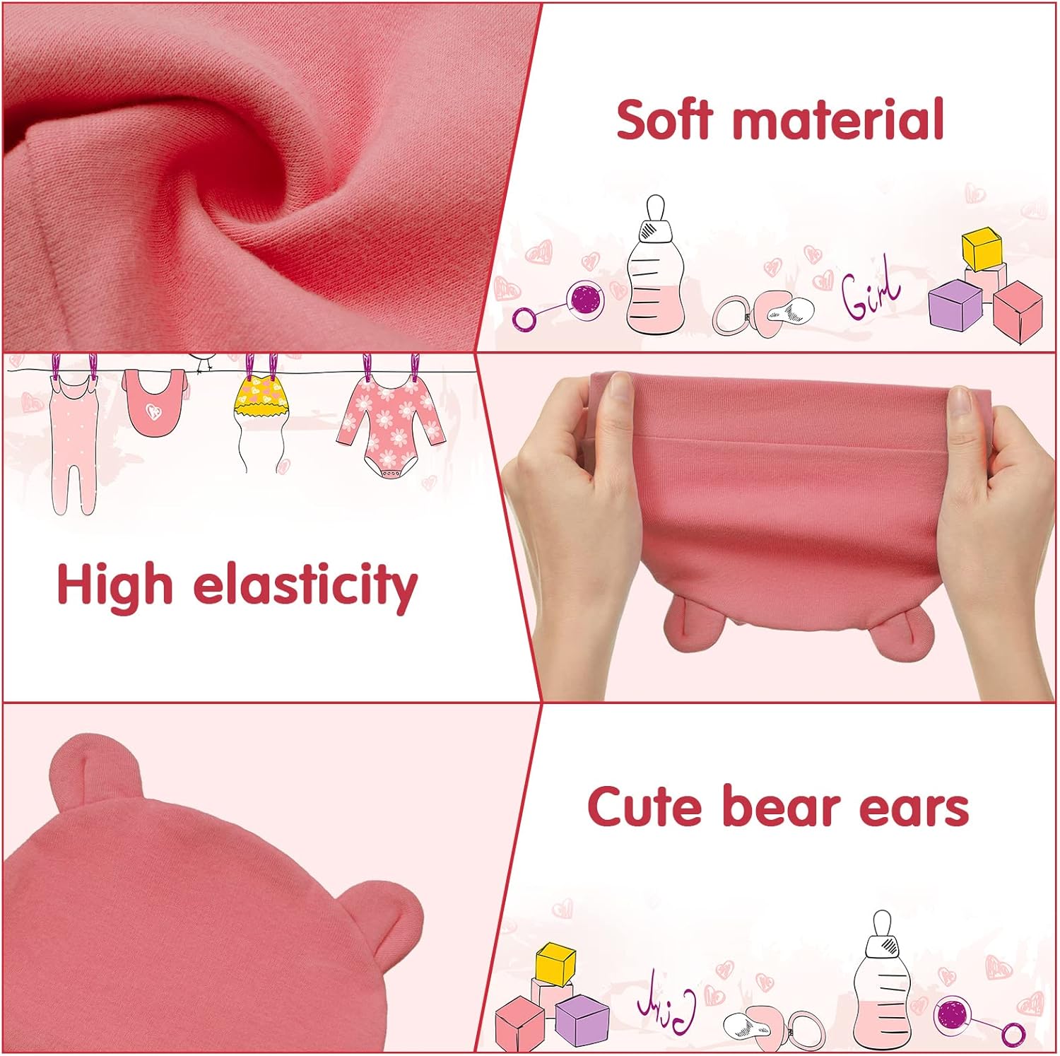 Geyoga 6 Pieces Newborn Baby Hat Bear Ears Infant Caps Baby Boy Girl Toddler Hats Infant Beanie
