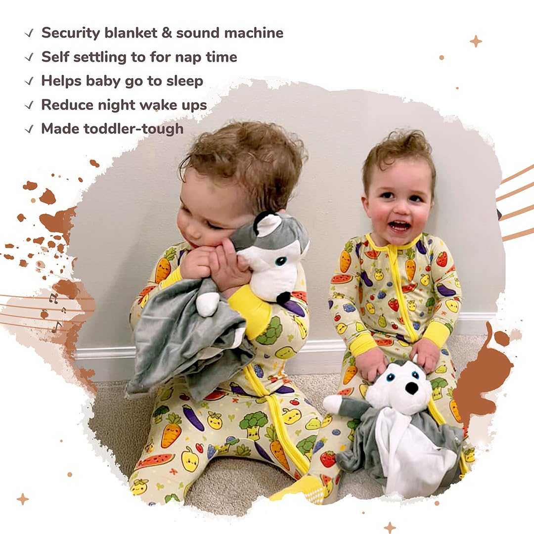 Love By Emi Baby Music Lovey Grey & White Husky, Baby Sleep Soother for Crib & Cuddle Bedtime