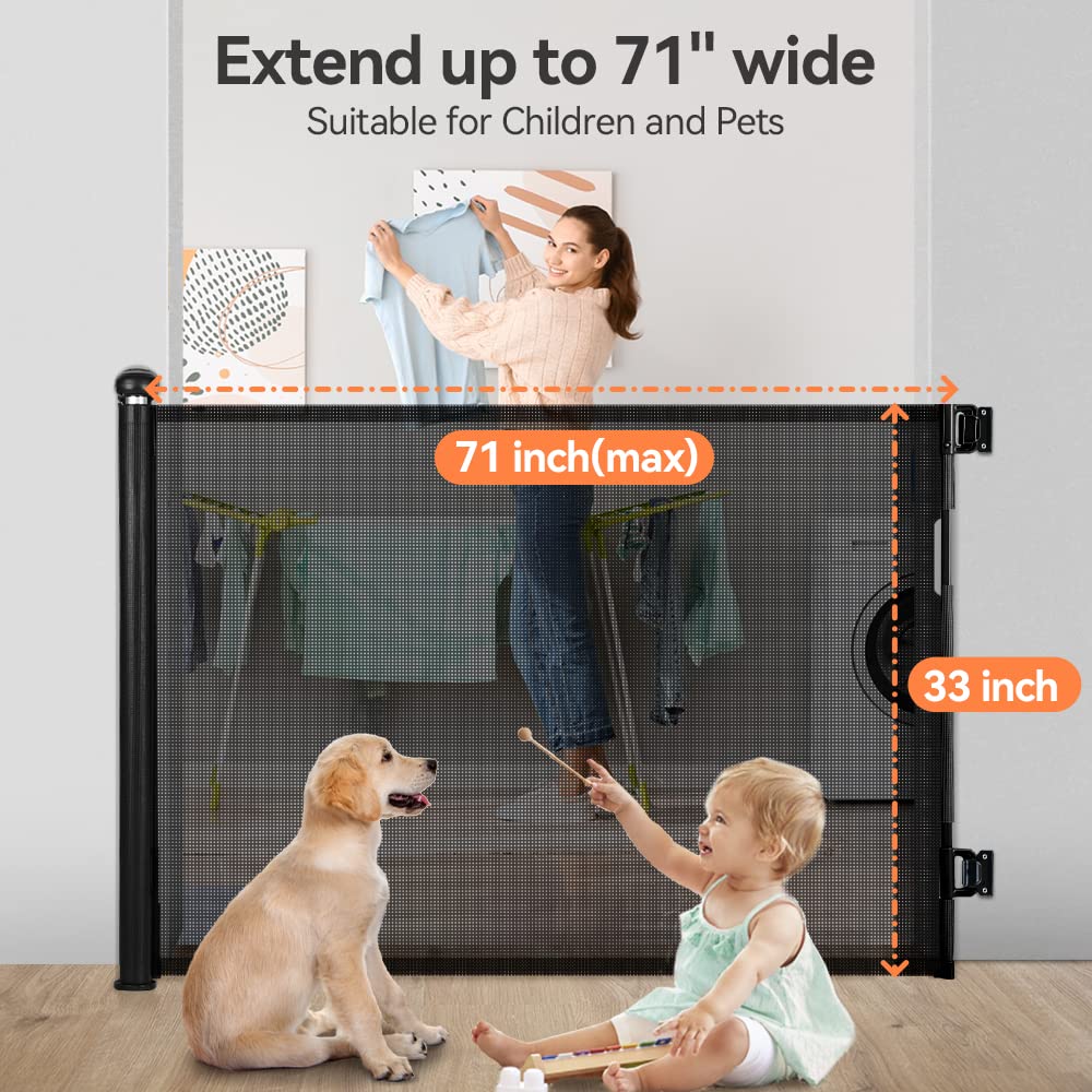 COMOMY Retractable Baby Gate for Stairs, 0-71" Mesh Dog Gate for House Doorways Hallways, 33" Tall