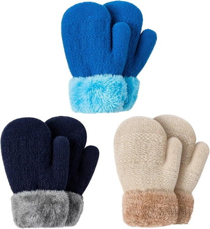 Winter Mittens Gloves Beanie Hat Set for Kids Baby Toddler Children, Thick Warm Knit Fleece Lined