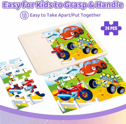 Wooden Puzzles for Kids Ages 4-6, 4 PCs 24 Animals Cars Farm Dinosaur World Jigsaw Puzzles
