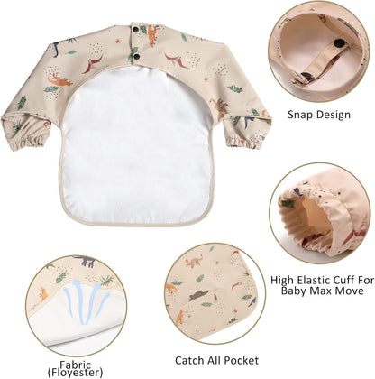 Long Sleeve Baby Bibs for Toddlers, Waterproof, Boys Girls Smock with Food Catcher Pocket for