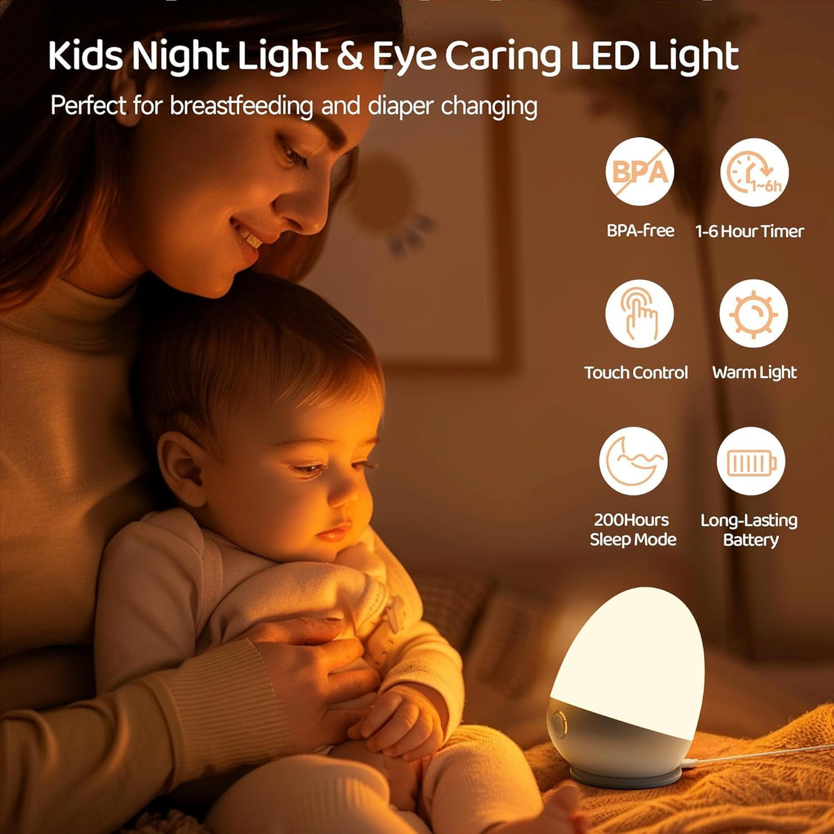 Touch Egg Night Light for Baby Nursery, Rechargeable Portable Kids Nightlight Lamp with 1-6H