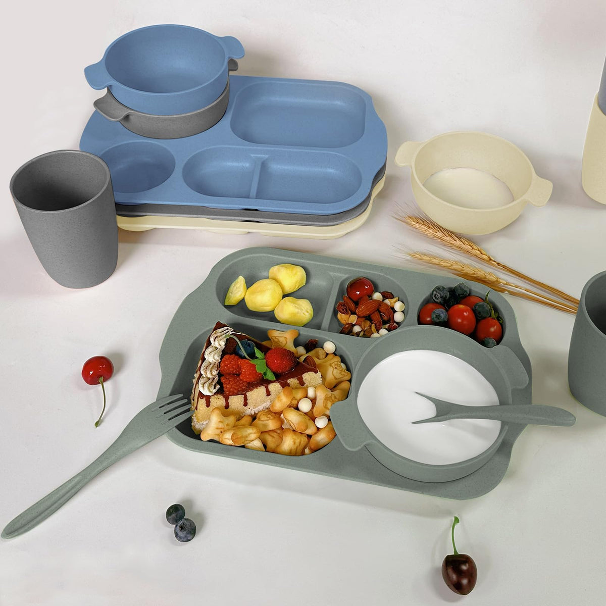 shopwithgreen Wheat Straw Dinnerware Cutlery Set, 20 PCS Kids Toddlers Divided Plates and Bowls