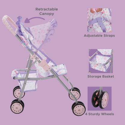 My First Baby Doll Stroller for Kids, Toddler Play Toy Doll Buggy Carriage Foldable with Canopy