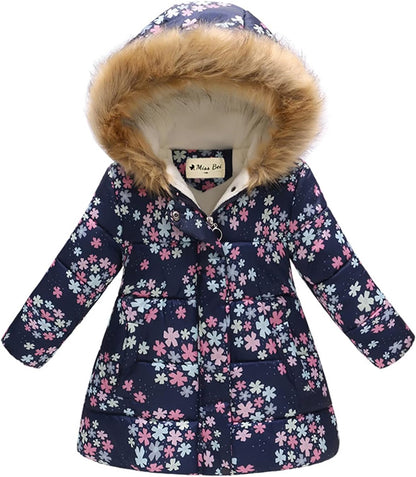 Miss Bei Girl's Winter Coat Jacket Hooded Kids Toddler Flower Print Parka Outwear Warm Cotton