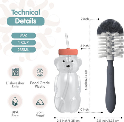 Honey Bear Straw Cup for Babies, 8oz Honey BearCup with Bottle Brush, 2-Pack Improved Lid Therapy