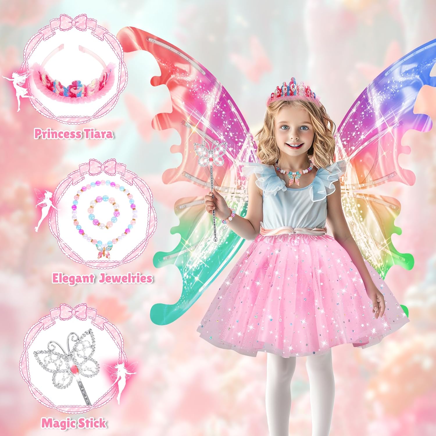 Princess Dress up Costume with Electric Fairy Wings for Girls 3-8, Light Up Moving Butterfly Wings