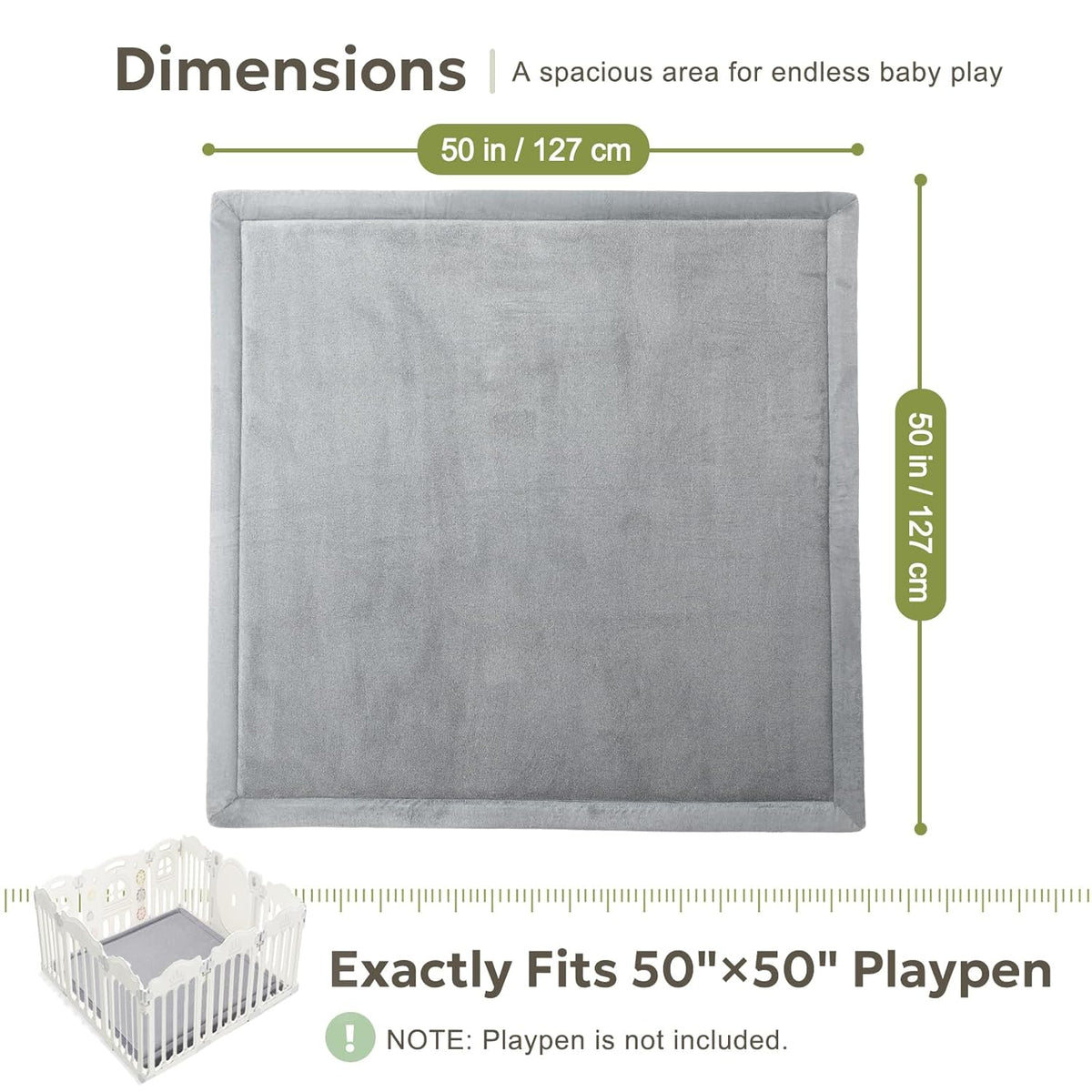 Ultra Soft 1.3" Thick Baby Play Mat for Floor, Large Velvet 50x50 Playpen Mat, Baby-Safe & Non-Slip