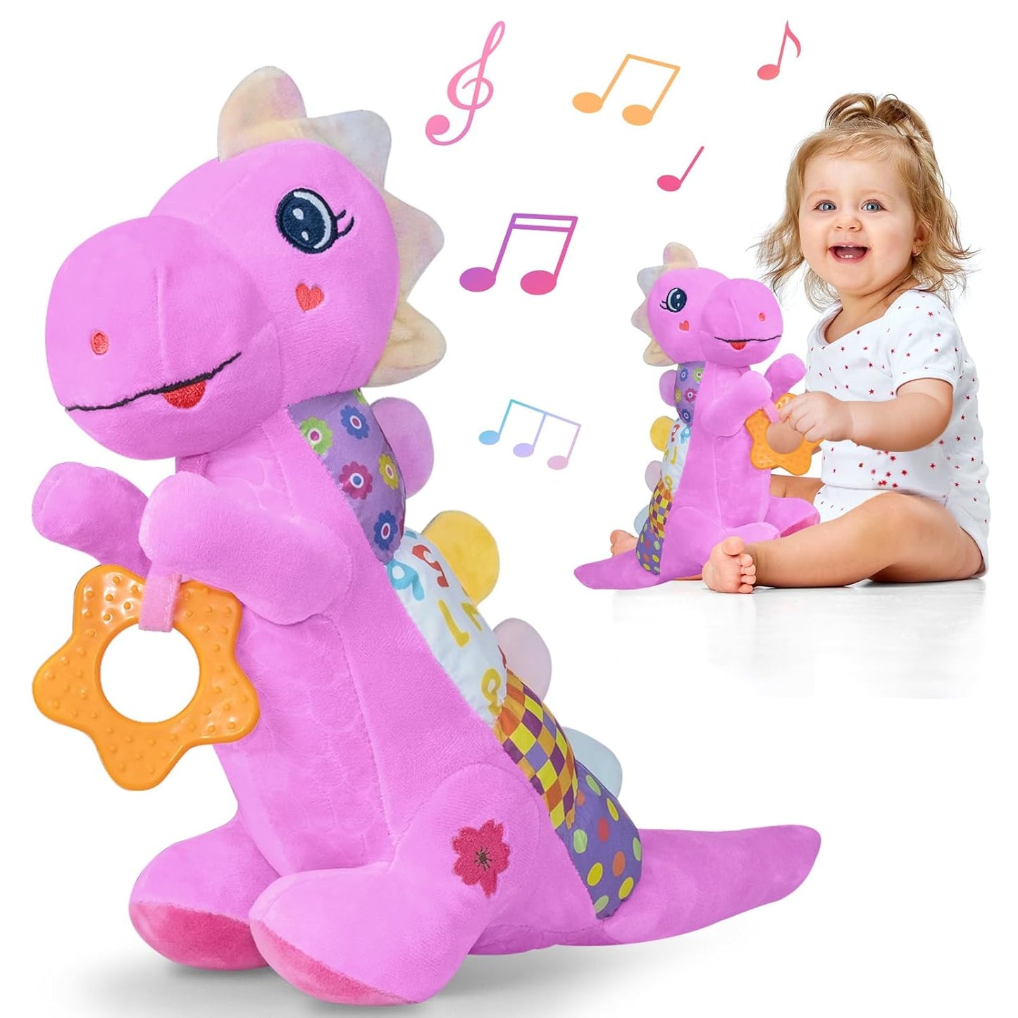 Baby Dino Plush Soft Stuffed Animal Toy for 0-3-6-12+ Months,Infant Musical Toy with