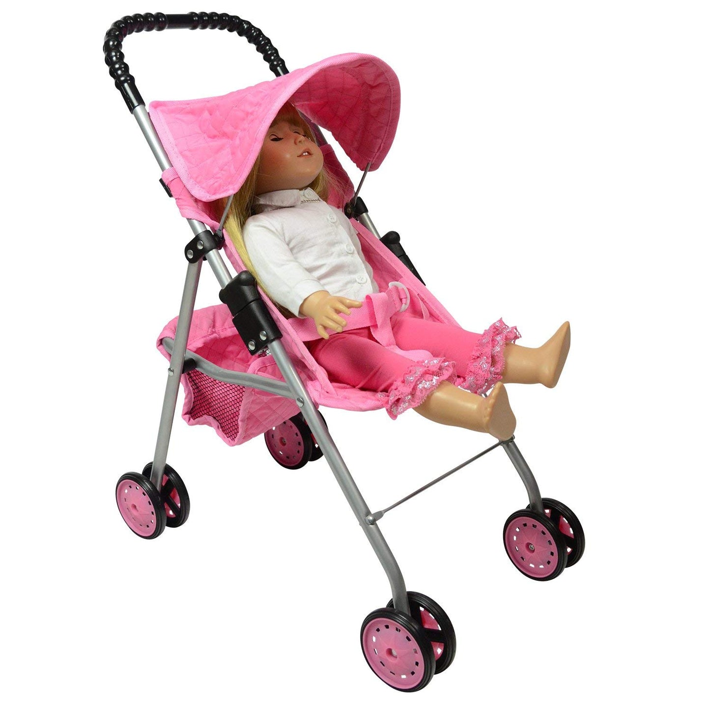 The New York Doll Collection My First Doll Stroller with Basket, Foldable Doll Stroller (Pink
