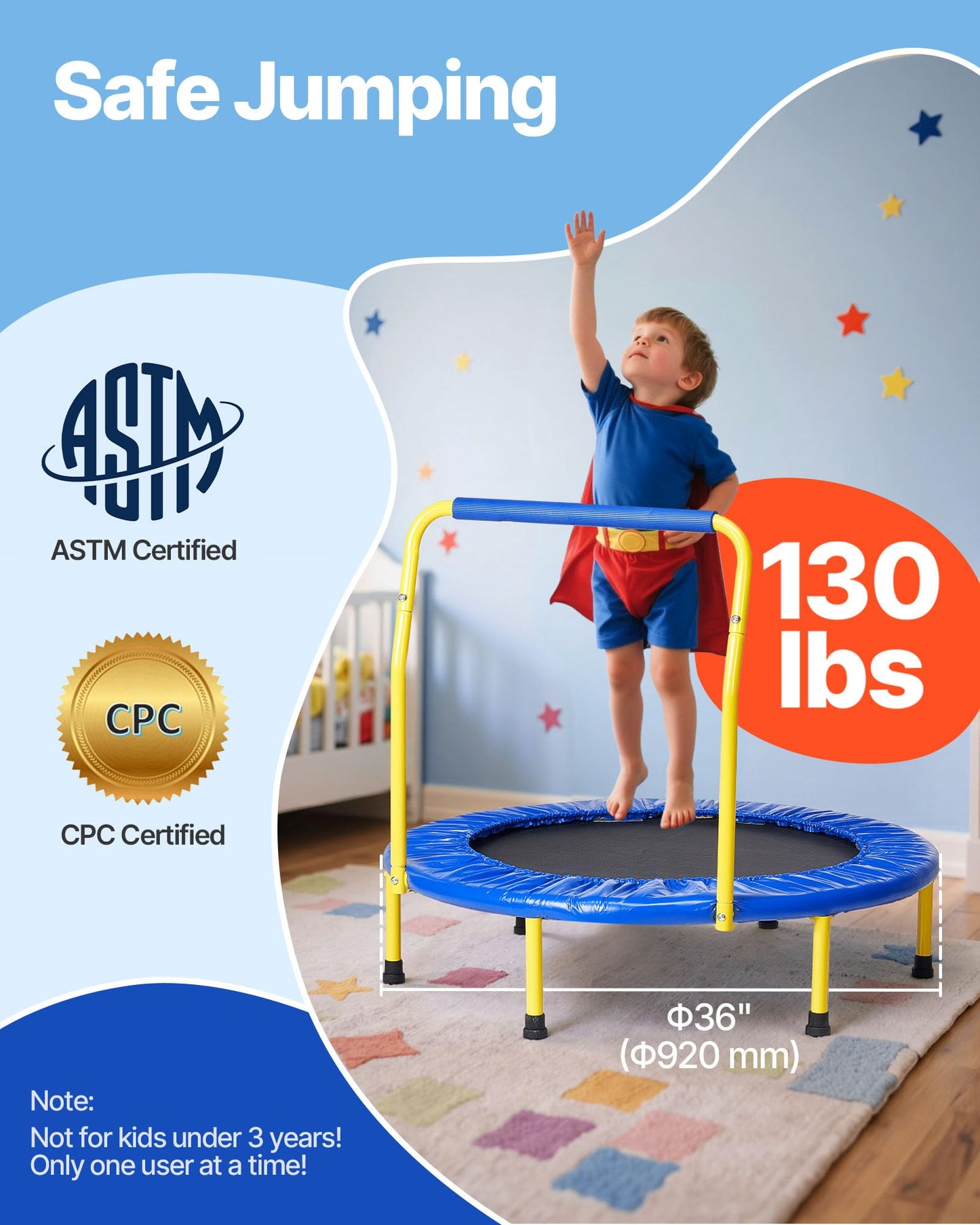 VEVOR 3FT Trampoline for Kids, 36" Trampolines Indoor/Outdoor Trampoline for Toddlers, Foldable