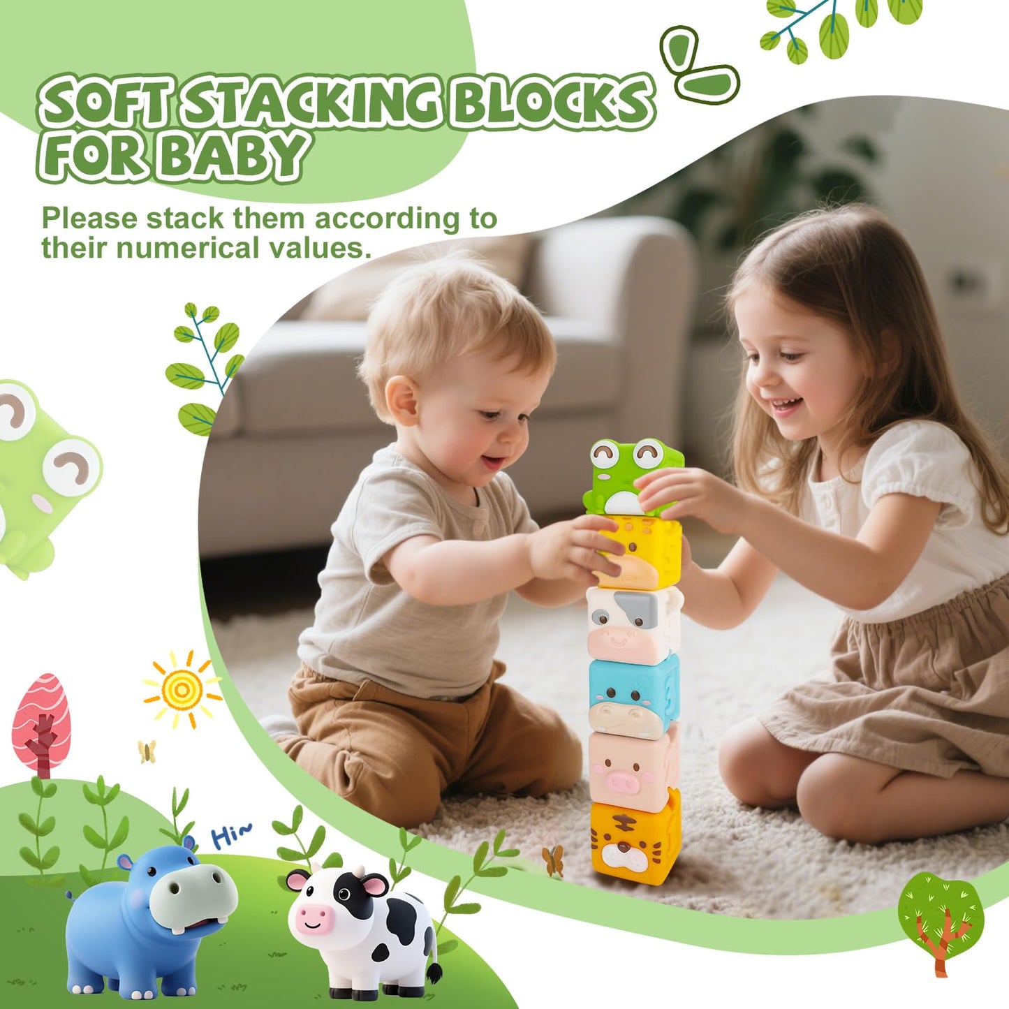 BOBOBELL Animal Soft Baby Blocks,Squeeze Blocks for 6-12 Months Babies