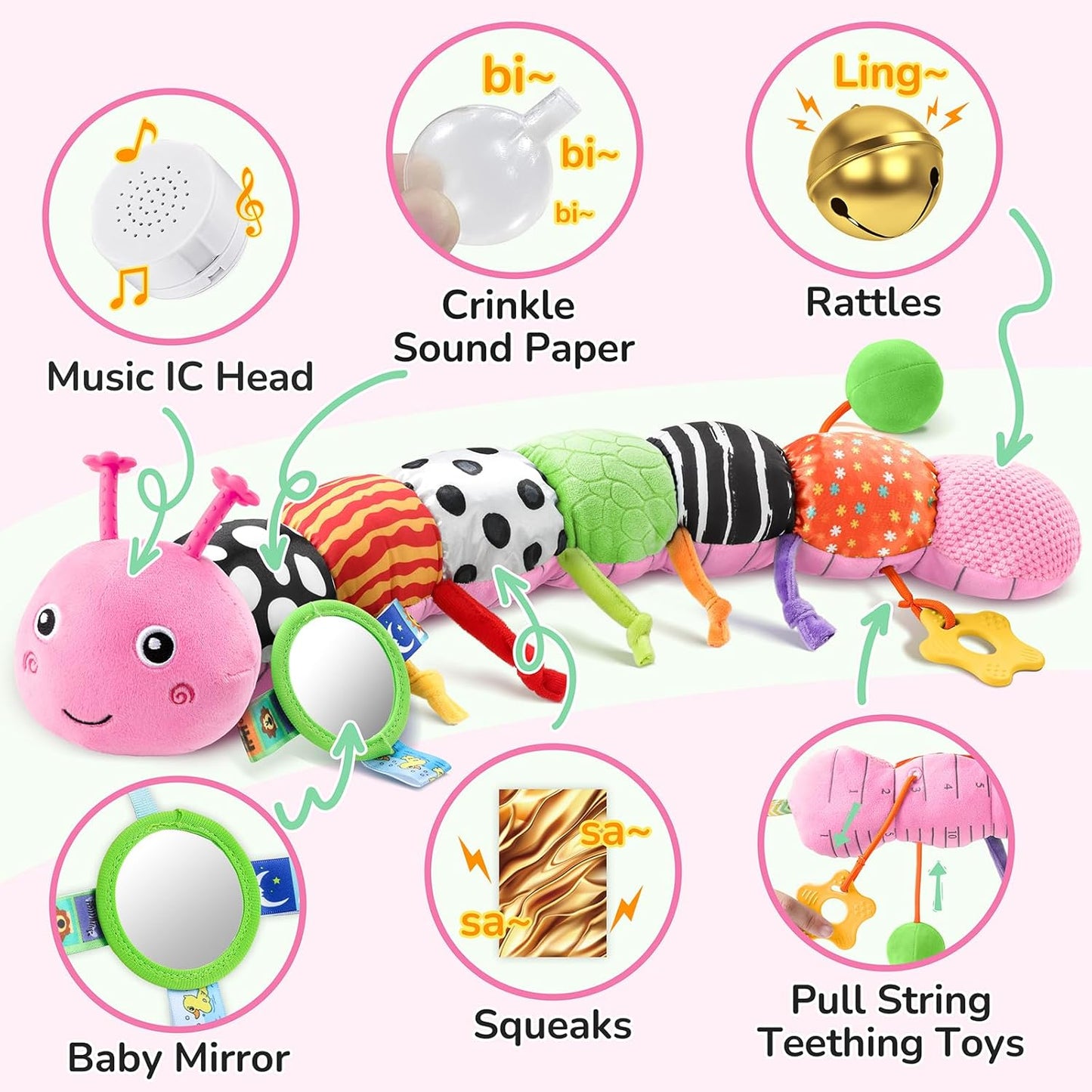 Baby Toys 6-12 Months Music Caterpillar Infant Toys Stuffed Animals 0-3-6 Months Teething Tummy