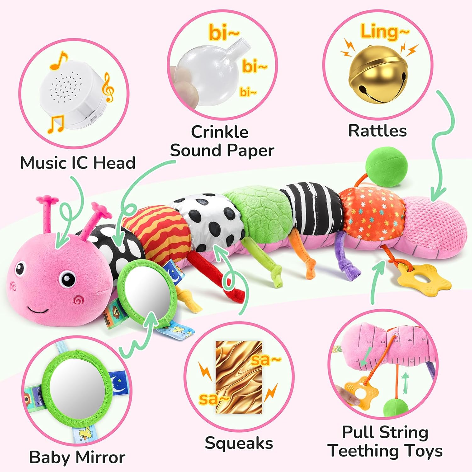 Baby Toys 6-12 Months Music Caterpillar Infant Toys Stuffed Animals 0-3-6 Months Teething Tummy