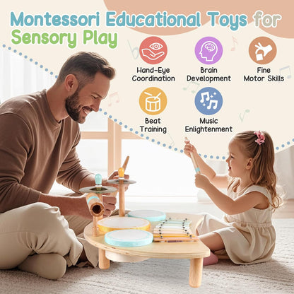 Kids Drum Set, Montessori Musical Instruments for Toddlers 1-3, Wooden Musical Toys for Baby 12-18