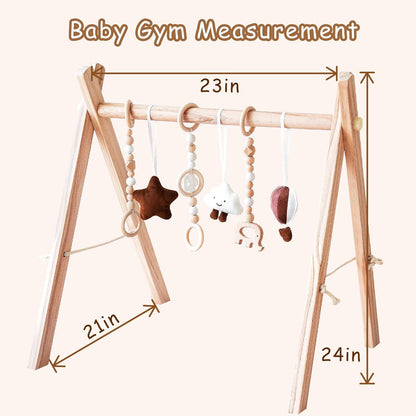 Wooden Baby Play Gym with Mat, Foldable Baby Play Gym Frame Activity Gym Hanging Bar with 6 Gym