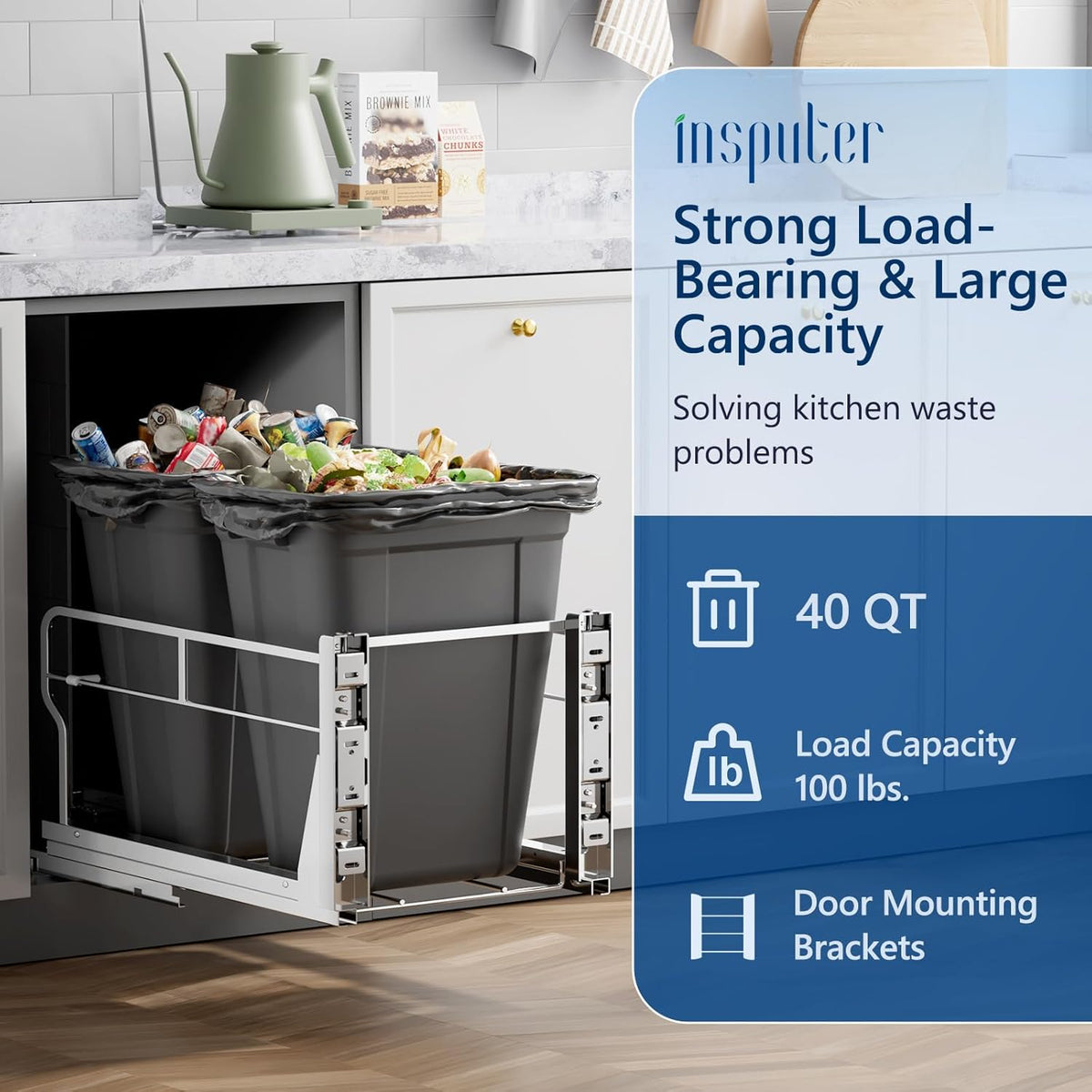 Insputer Double 40QT Pull Out Trash Can Under Cabinet, Heavy Duty Under Sink Garbage Bin Kit with