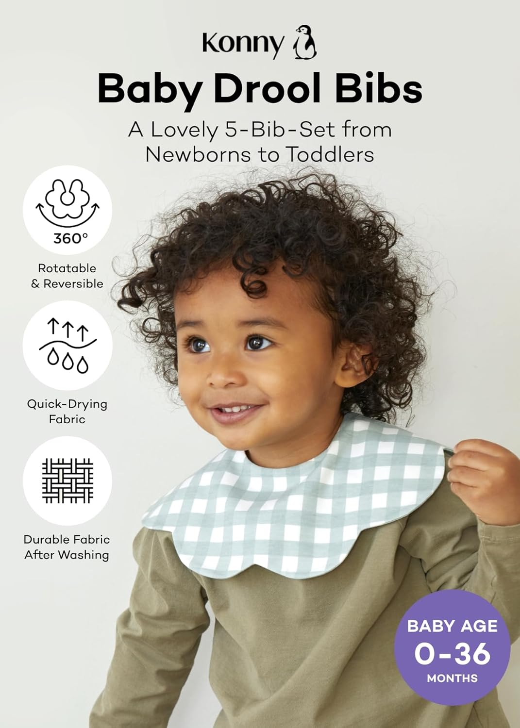Konny Baby Bibs 5-Pack, 360 ° Rotate, Soft and Absorbent Bandana Drooling for Boys Girls baby