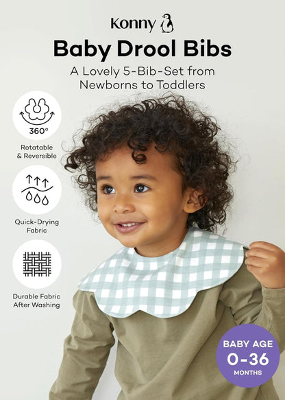 Konny Baby Bibs 5-Pack, 360 ° Rotate, Soft and Absorbent Bandana Drooling for Boys Girls baby