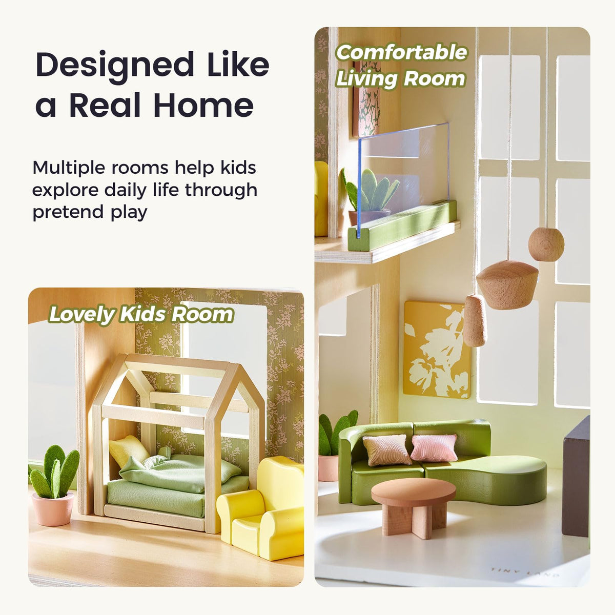 Tiny Land Wooden Doll House, Modern Family Dollhouse with Realistic Design