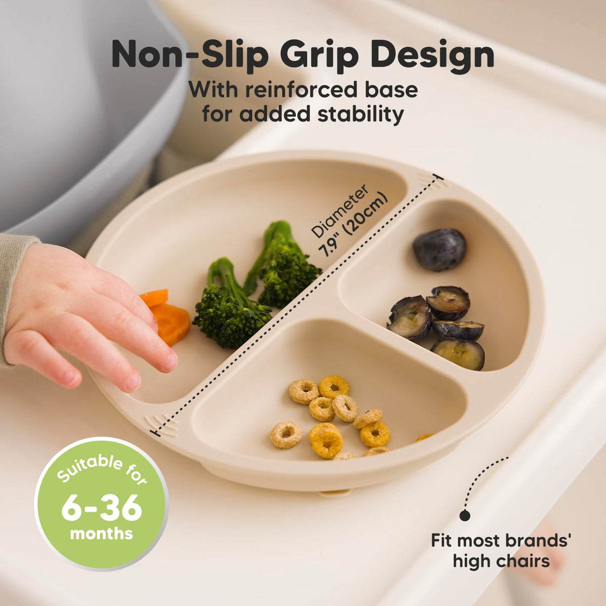 KeaBabies Suction Plates with Lids for Baby, 3-Pack, 100% Silicone (Slate)