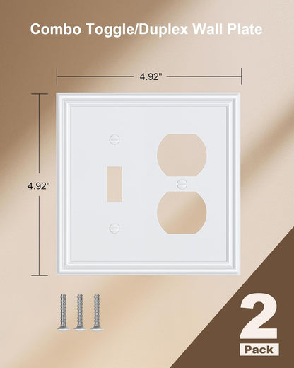 2-Pack Combo Toggle/Duplex Light Switch Cover Plate, Pure White Wall Outlet Cover Plate, Decorative