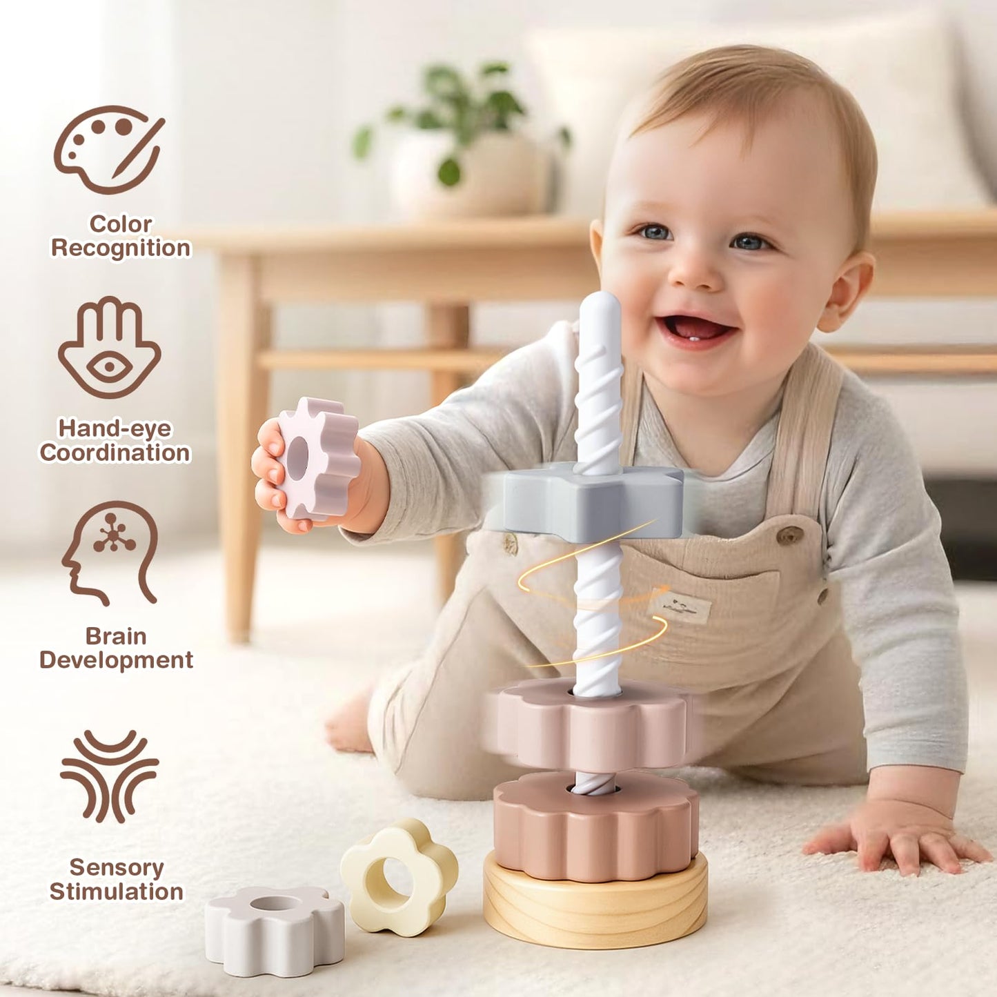 Joyreal Wooden Spinning Stacking Toys, Neutral Ring Stacker Montessori Toys for Toddlers 1-3