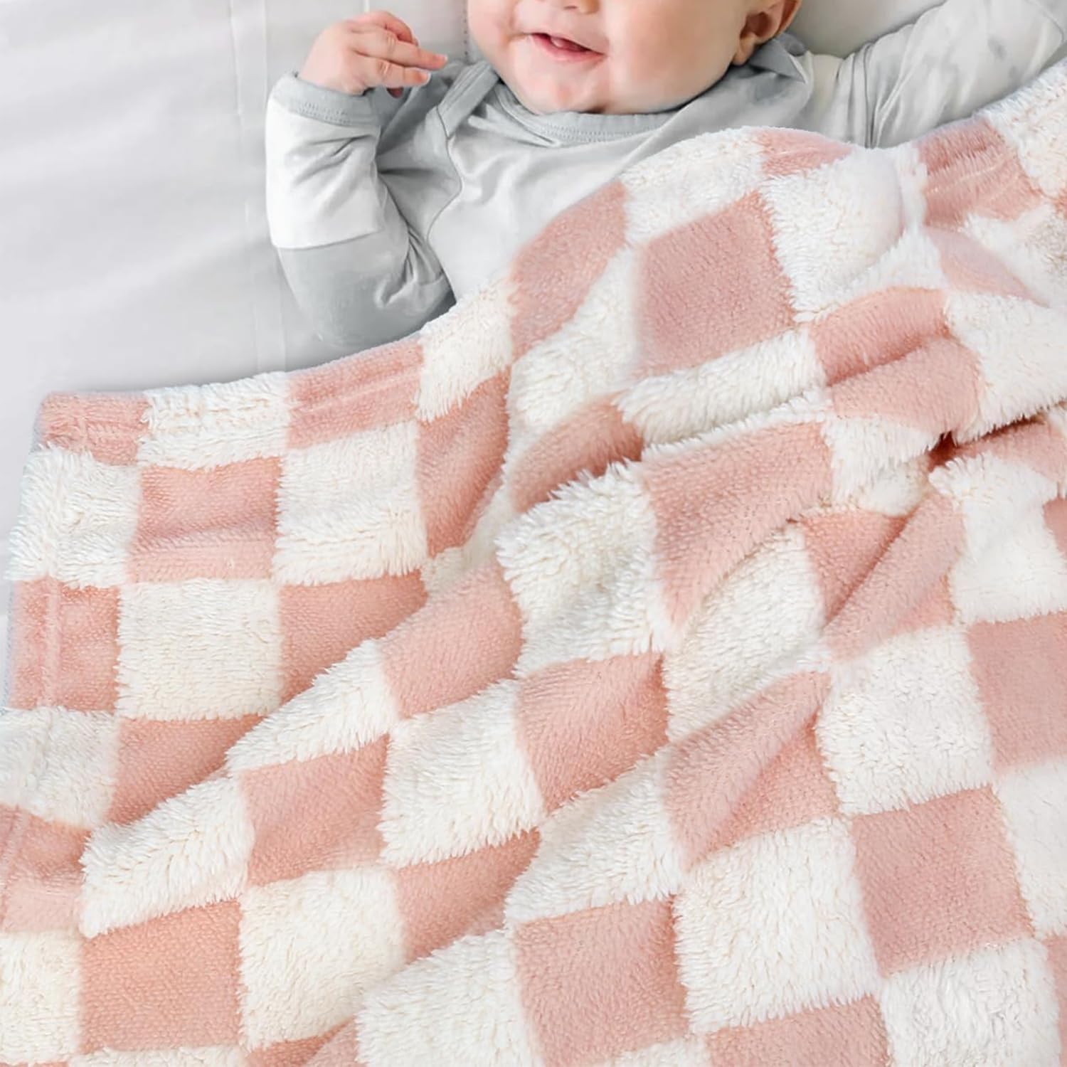 HOMRITAR Baby Blanket for Girls 3D Checkered Fleece Fluffy Fuzzy Checkerboard Grid Warmer Shaggy