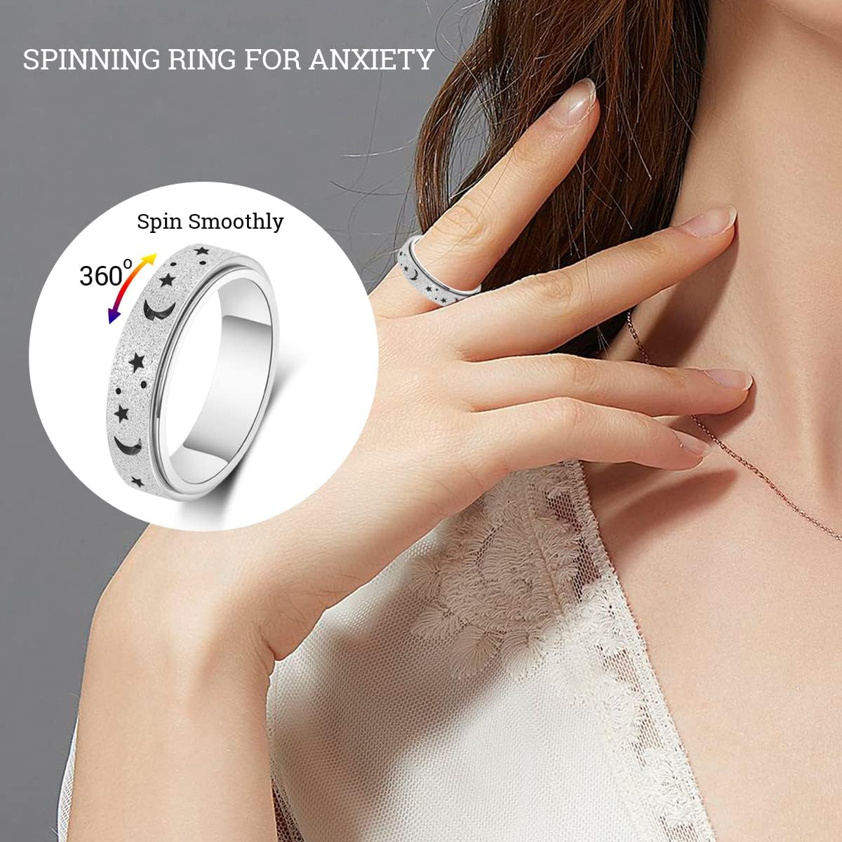 Anxiety Ring for Women Men, Titanium Stainless Steel Spinner Ring, 5 Colors, 6MM, Size 6-10, 3