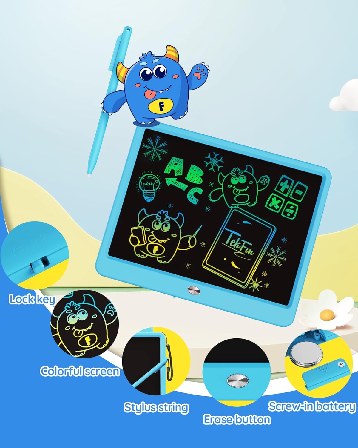TEKFUN LCD Writing Tablet for Kids Boys Toys, 12 Inch Erasable Doodle Board Colorful Doodle Pad