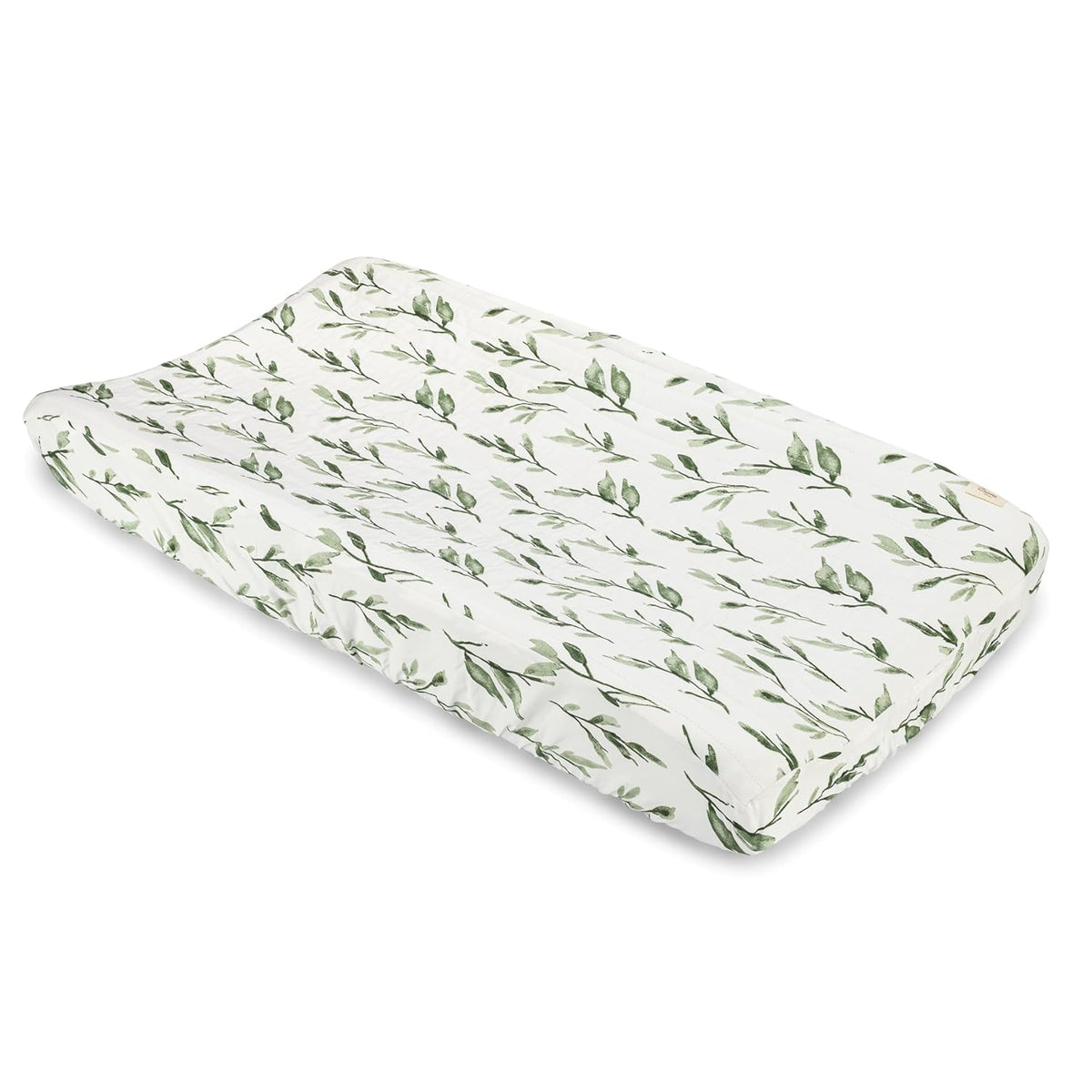 Crane Baby Green Leaf, Quilted Changing Pad Cover, 100% Cotton Sateen, 16in X 32in, Fitted with
