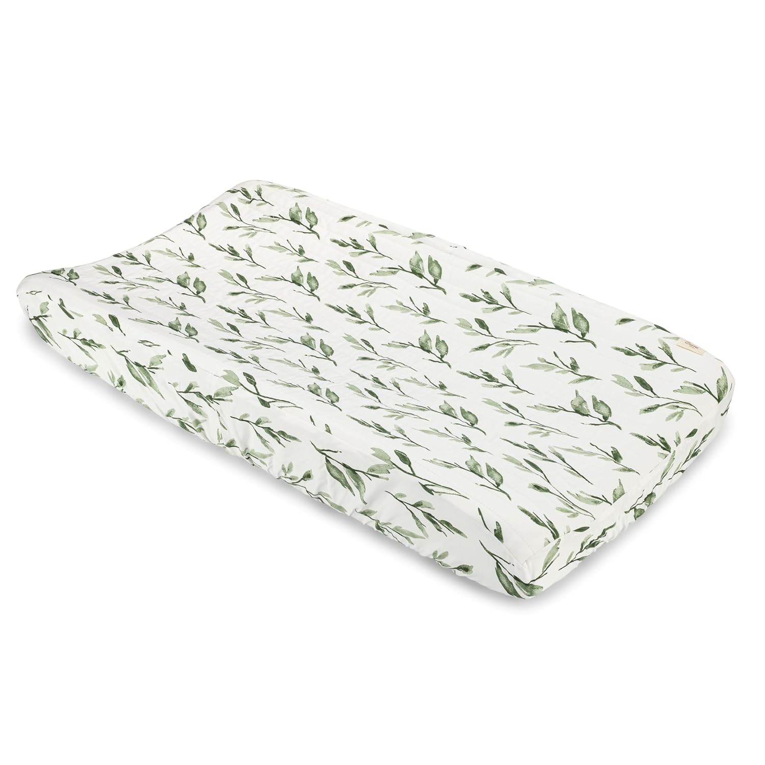 Crane Baby Green Leaf, Quilted Changing Pad Cover, 100% Cotton Sateen, 16in X 32in, Fitted with
