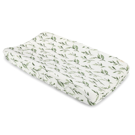 Crane Baby Green Leaf, Quilted Changing Pad Cover, 100% Cotton Sateen, 16in X 32in, Fitted with