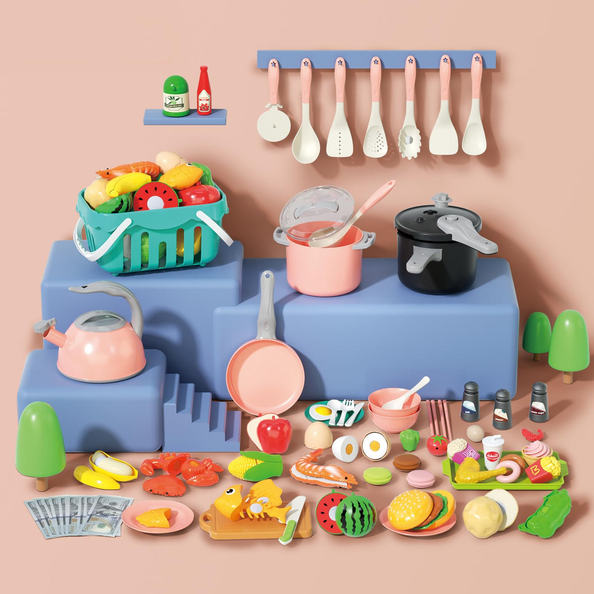 130Pcs Kitchen Playset, Toddler Pretend Cooking Play Pots, Pans, Utensils Cookware, Daily Food