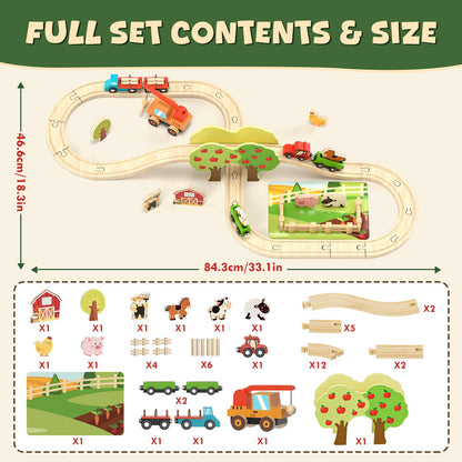 Lehoo Castle Farm Wooden Train Set, Wooden Train Tracks Set for Kids
